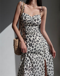 Leopard Printed Tie Strap Cami Slit Dress in White