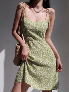 Saskia Floral Tie Strap Cami Mini Dress in Green