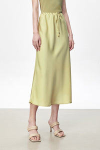 Midi Drawstring Slip Skirt in Lime