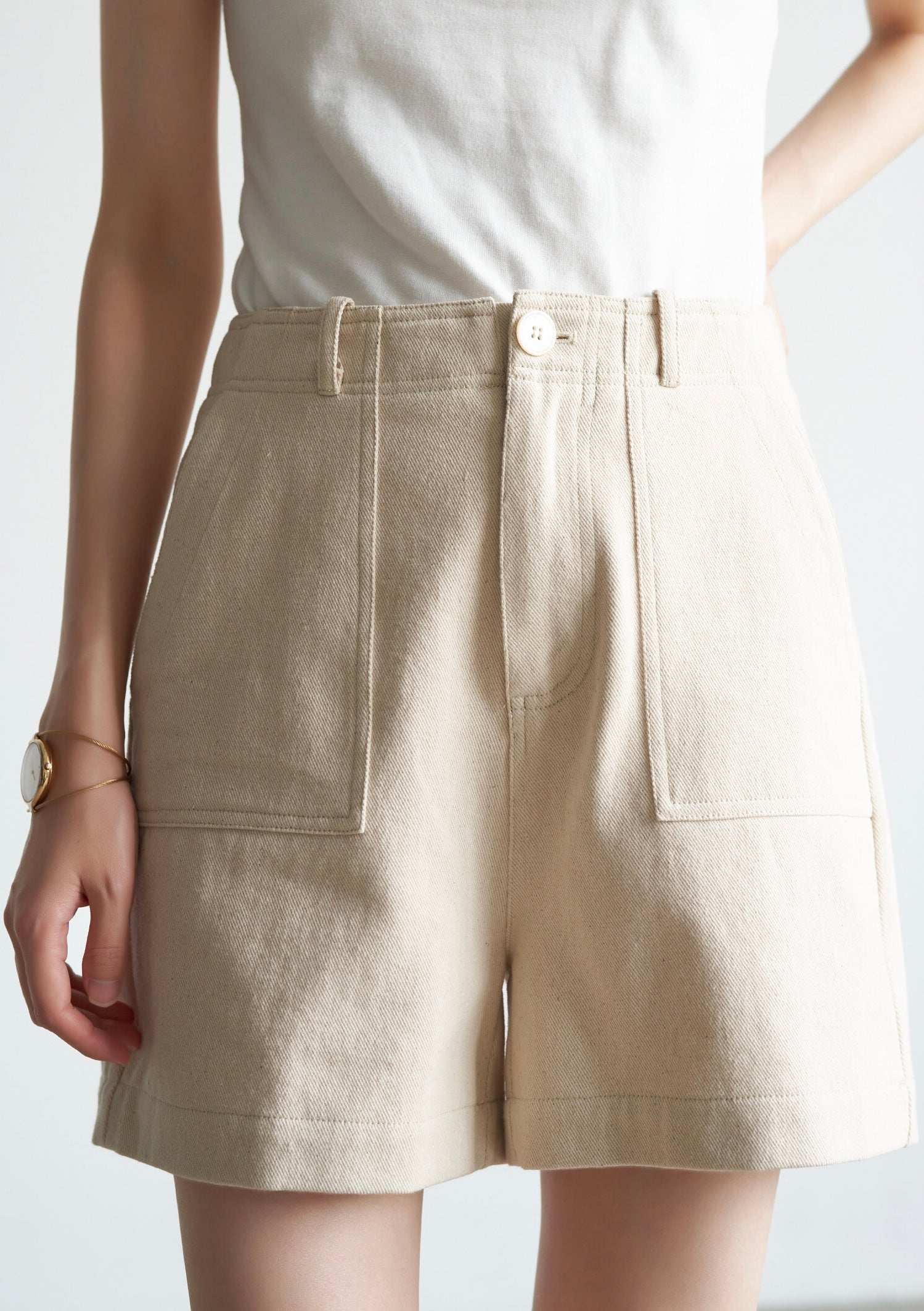 Wide Leg Pocket Denim Shorts in Cream