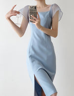 Load image into Gallery viewer, Suzanne Blue Sheer Sleeve Shift Dress
