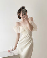 Load image into Gallery viewer, Symi Cream Off Shoulder Ruffle Shift Dress
