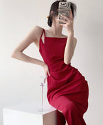 Load image into Gallery viewer, Quartz Gathered Slit Dress in Red
