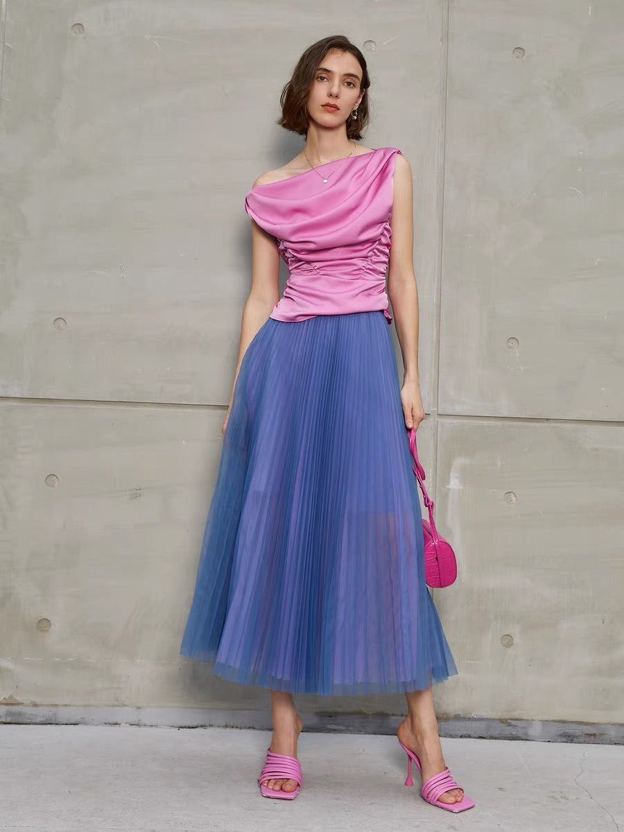 Nani Pleated Sheer A-Line Skirt in Blue