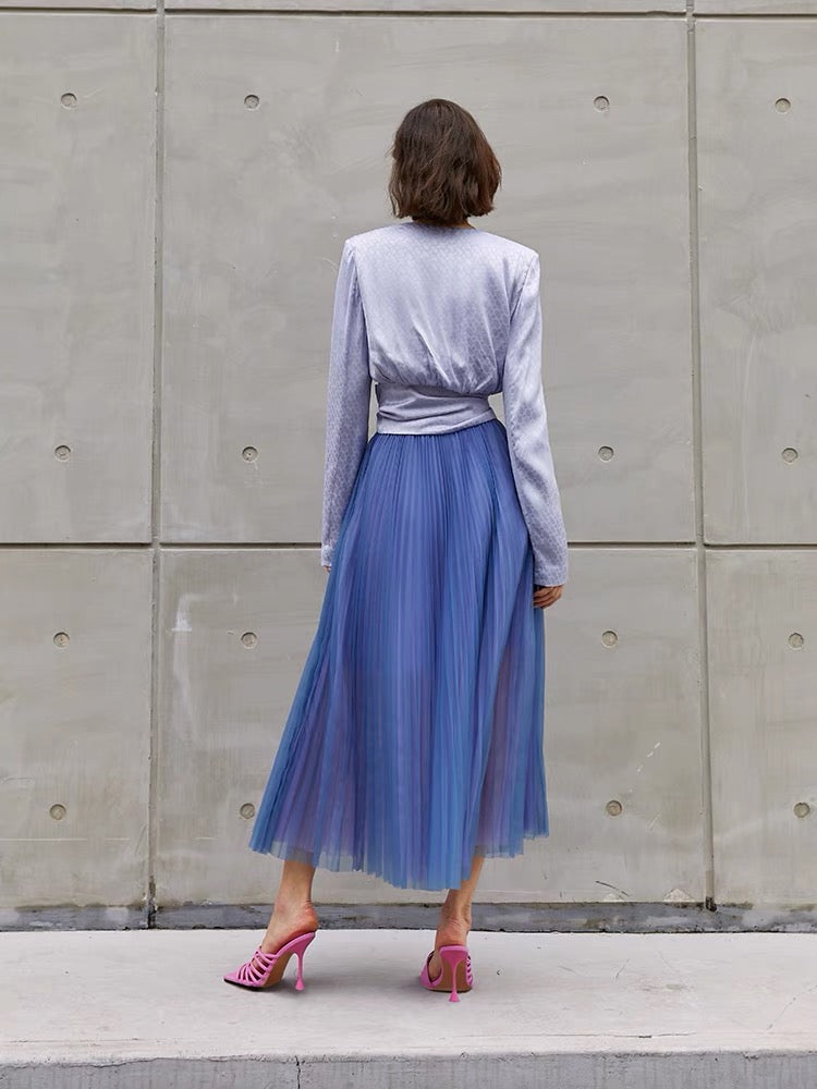 Nani Pleated Sheer A-Line Skirt in Blue