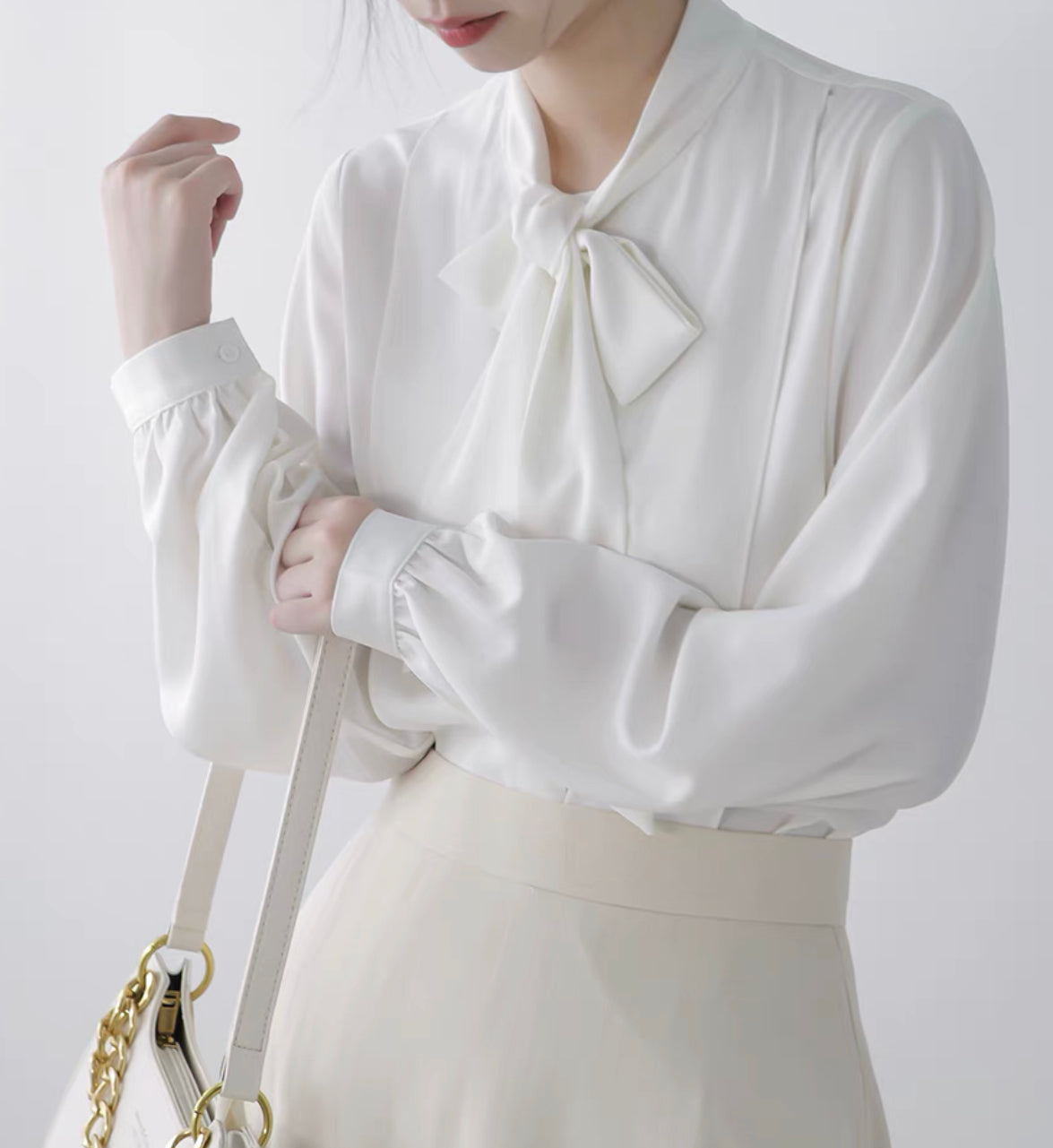 Panel Pussy Bow Long Sleeve Blouse in White