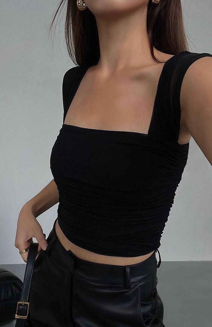 Shirring Sleeveless Top in Black