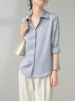 Load image into Gallery viewer, Satin Hidden Button Long Sleeve Shirt in Blue
