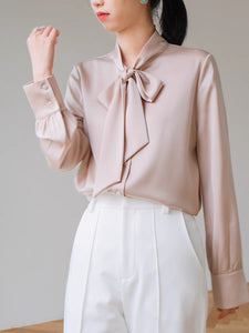 Pussy Bow Long Sleeve Blouse in Champagne