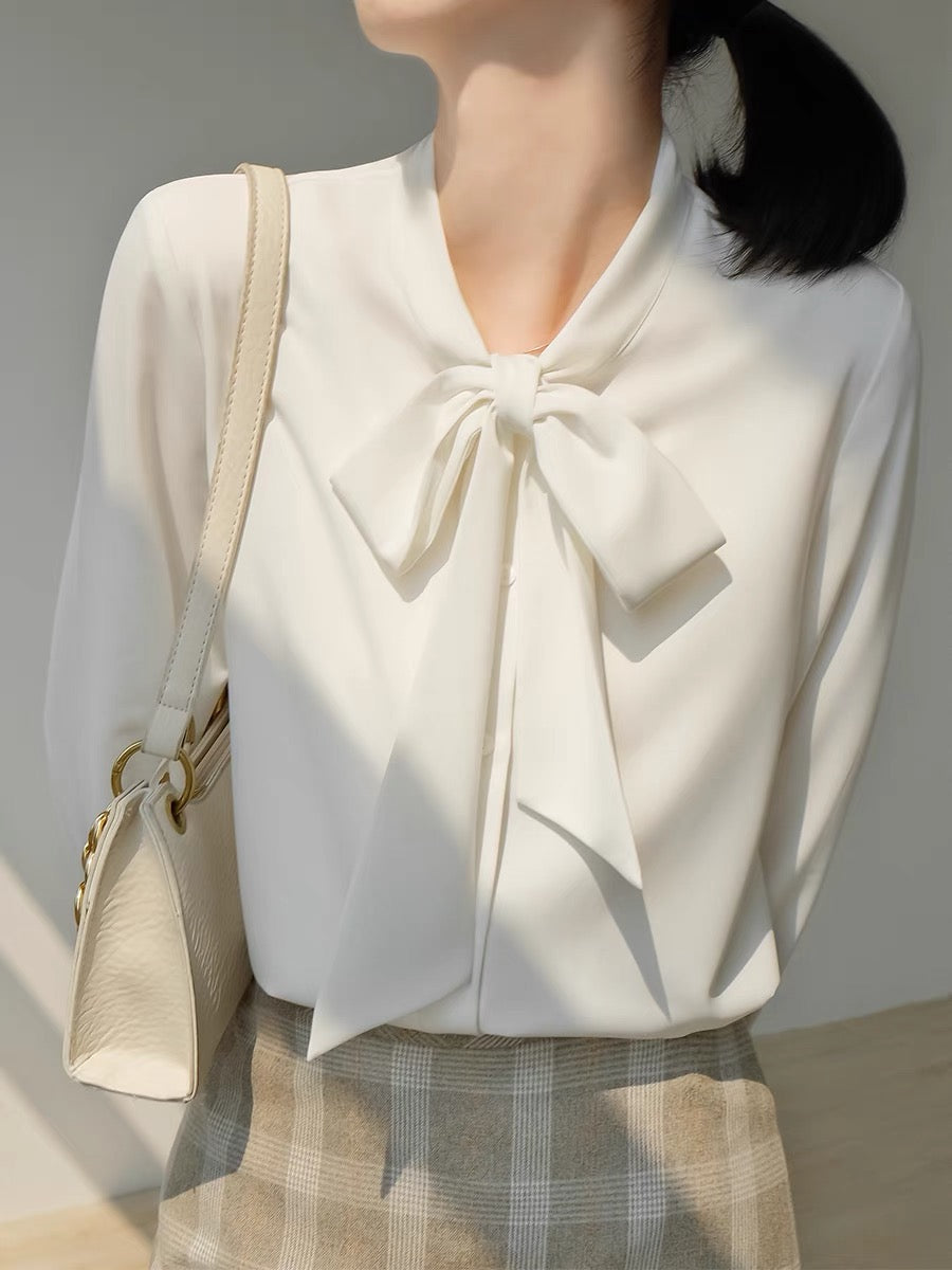 Bow Tie Long Sleeve Blouse in White