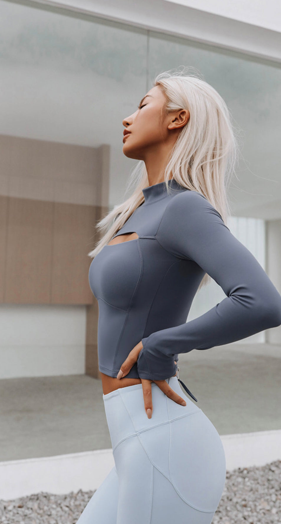Xtra-Soft Cutout Long Sleeve Top in Grey Blue