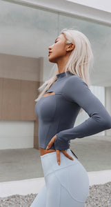 Xtra-Soft Cutout Long Sleeve Top in Grey Blue