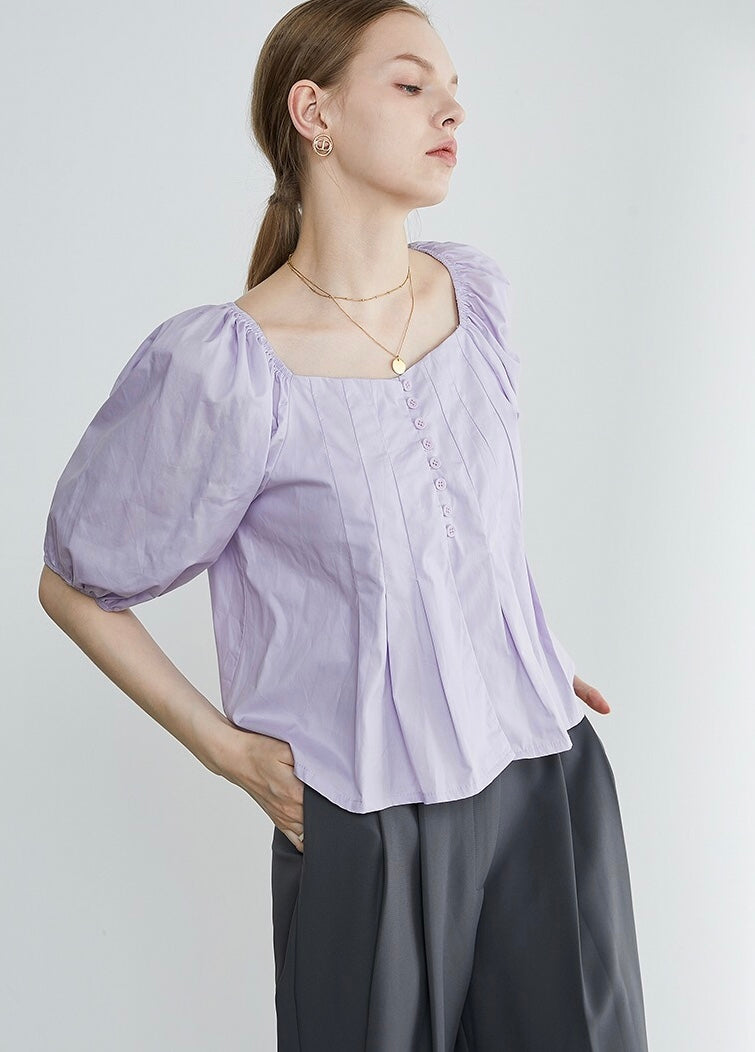 Puff Sleeve Pleated Top in Purple