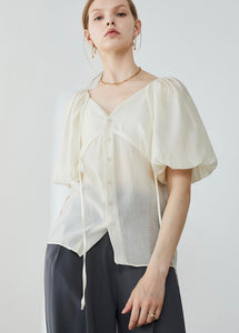 Tencel Blend Sheer Blouson Button Blouse in Cream