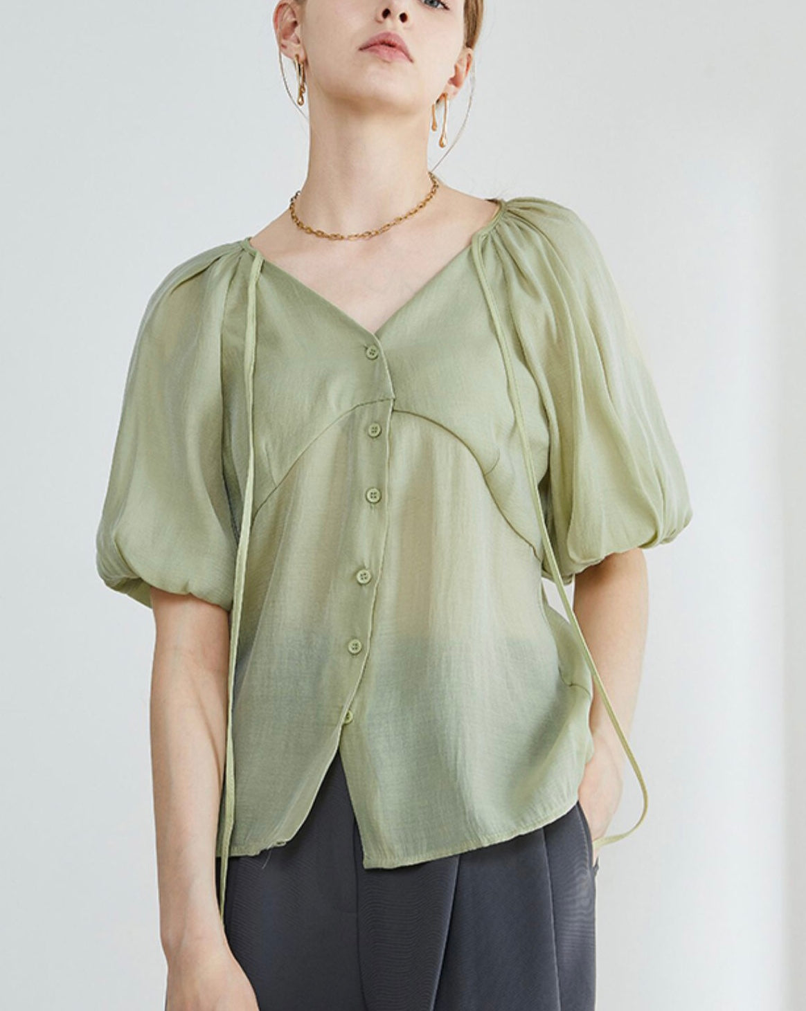 Tencel Blend Sheer Blouson Button Blouse in Green