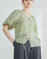 Load image into Gallery viewer, Tencel Blend Sheer Blouson Button Blouse in Green
