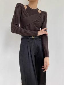 2 piece Criss Cross Cutout Sweater- Brown