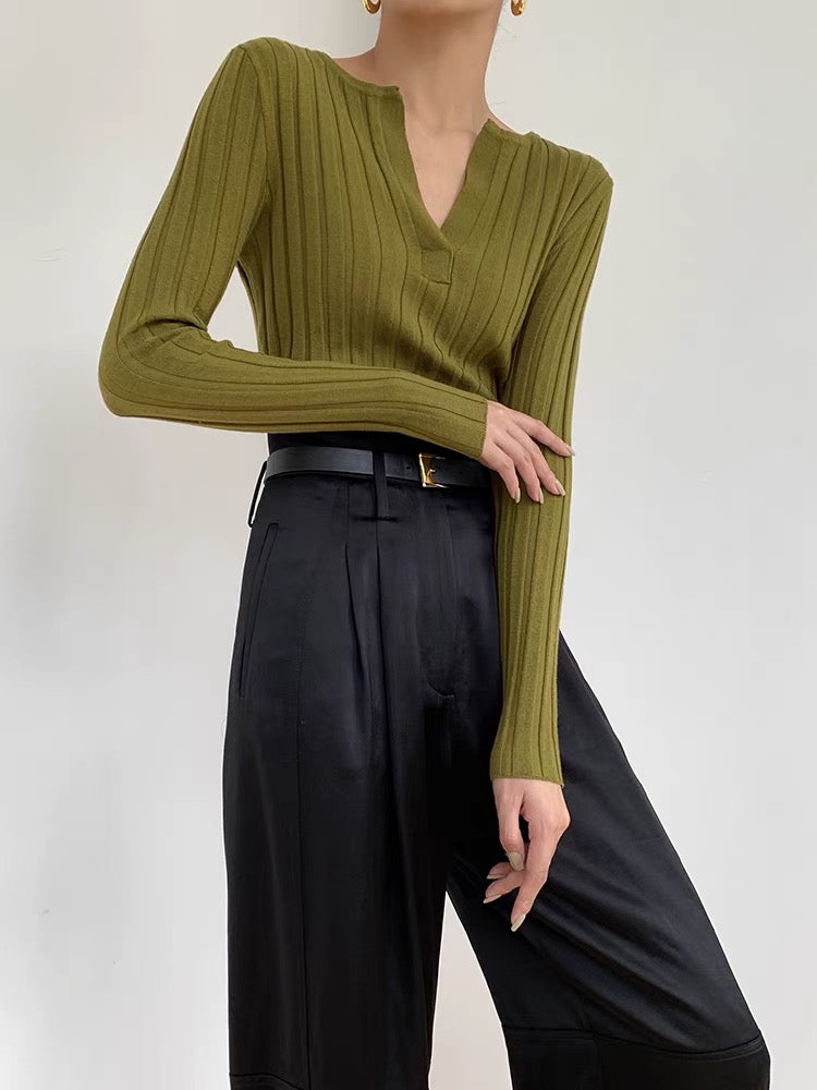 Wide Ribbed Knit Top- Green