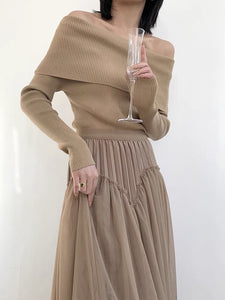 Foldover Ribbed Sweater- Beige