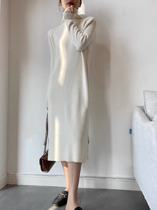 Turtleneck Fine Knit Midi Dress- Cream