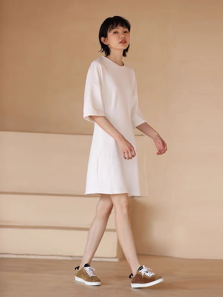 Mid Sleeve Shift Dress in White