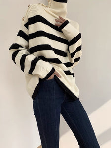 Striped Ribbed Turtleneck Sweater- Cream