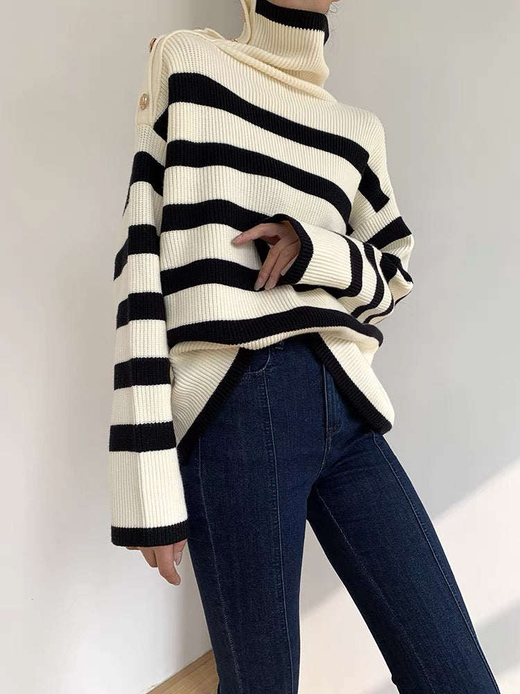 Striped Ribbed Turtleneck Sweater- Cream