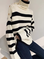 Load image into Gallery viewer, Striped Ribbed Turtleneck Sweater- Cream
