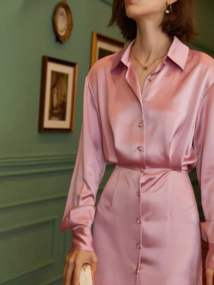 Suvi Silk Blend Shirt Dress- Pink