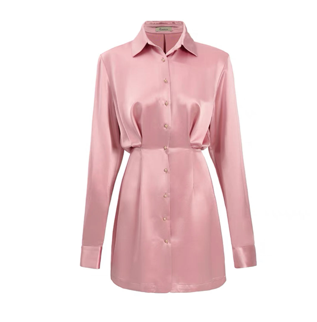 Suvi Silk Blend Shirt Dress- Pink