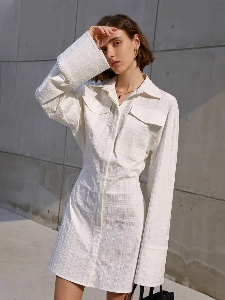 Irene Textured Pocket Shirt Dress- White