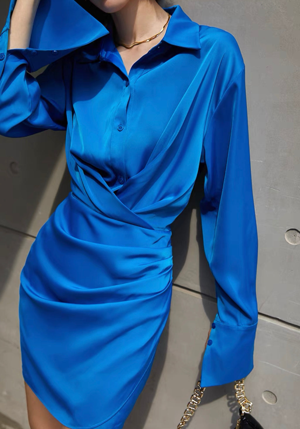 Velda Wrap Button Satin Shirt Dress- Blue LEXI + LOU Velda Wrap Button Satin Shirt Dress- Blue LEXI + LOU