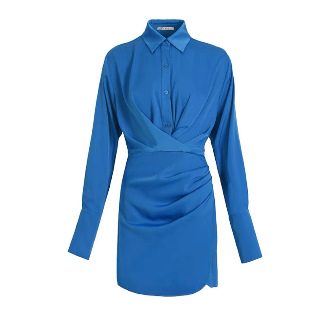 Velda Wrap Button Satin Shirt Dress- Blue