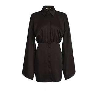 Zarah Oversized Sleeve Silk Blend Shirt Dress- Black