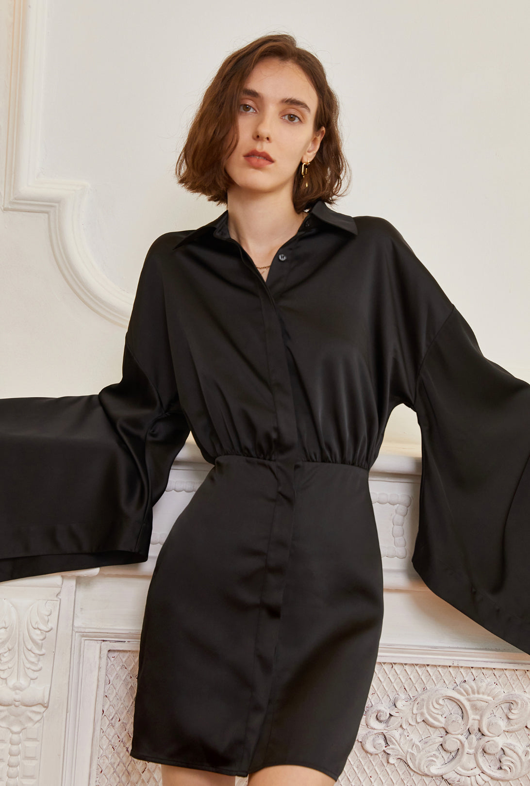 Zarah Oversized Sleeve Silk Blend Shirt Dress- Black