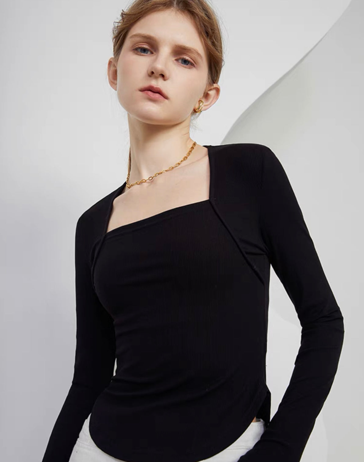 Square Neck Long Sleeve Top in Black