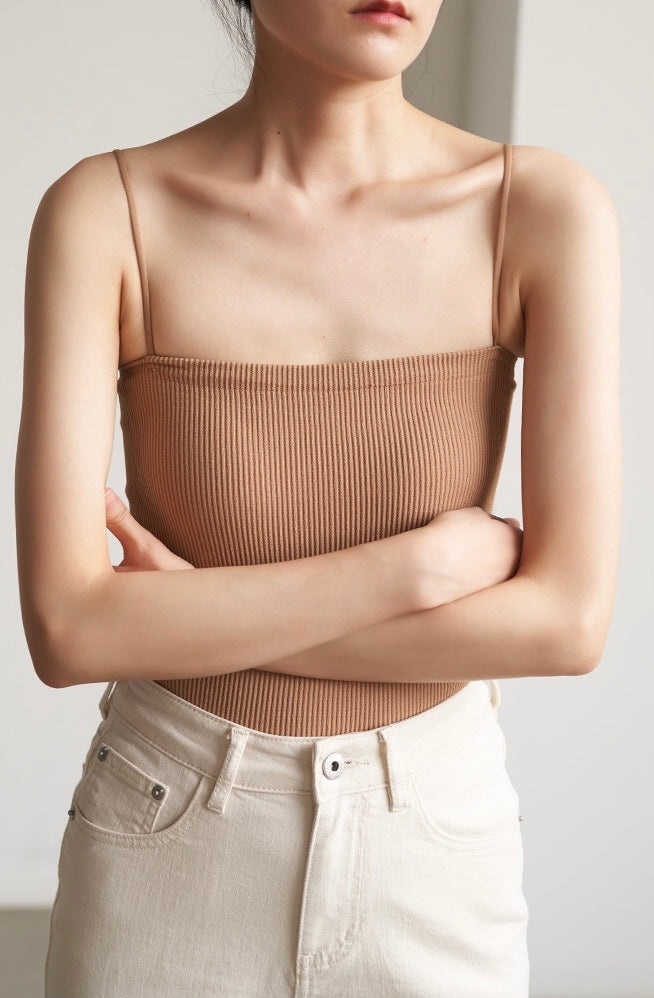 Padded Ribbed Camisole Top in Latte