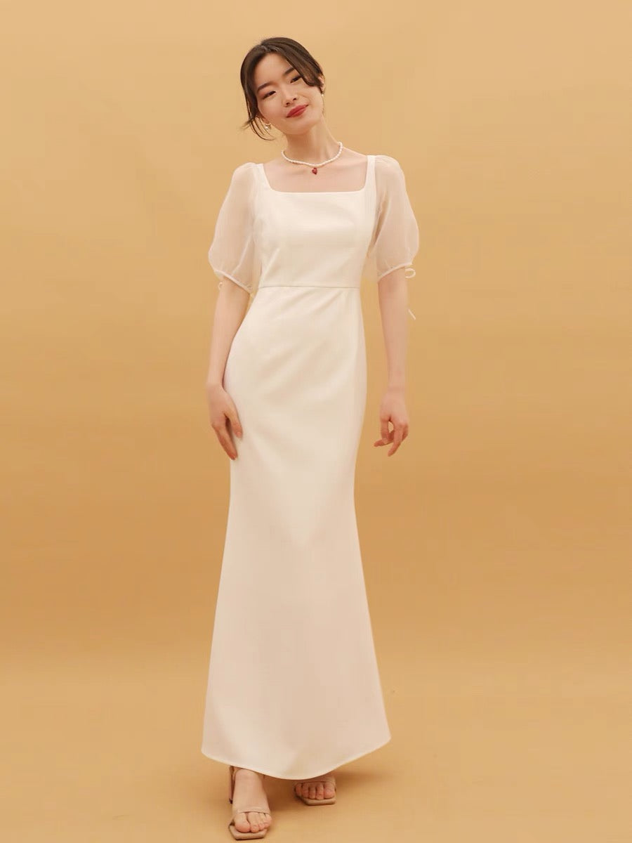 Nadya Blouson Sheer Sleeve Gown in White