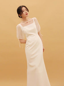 Nadya Blouson Sheer Sleeve Gown in White