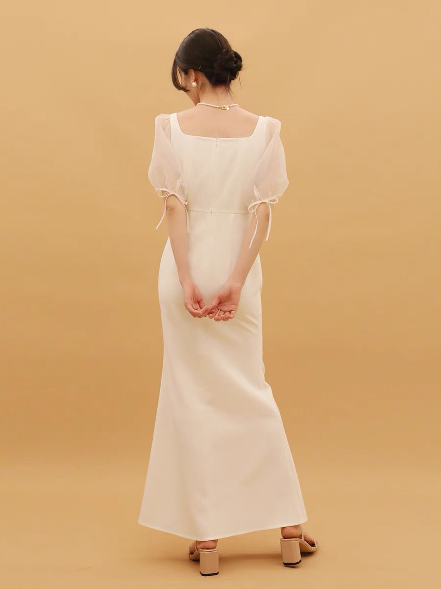 Nadya Blouson Sheer Sleeve Gown in White