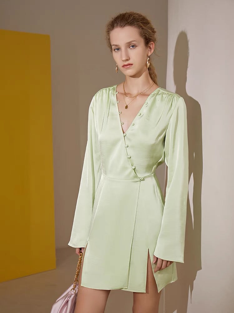 Japanese Satin Button Wrap Dress in Green LEXI + LOU Japanese Satin Button Wrap Dress in Green LEXI + LOU