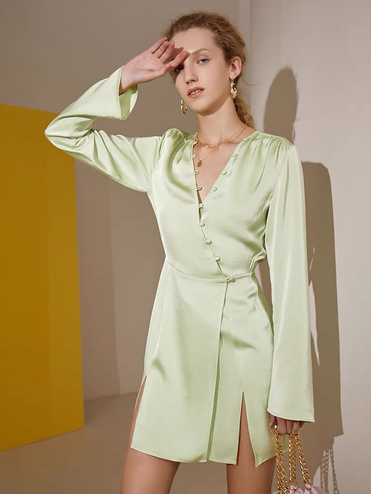 Japanese Satin Button Wrap Dress in Green LEXI + LOU Japanese Satin Button Wrap Dress in Green LEXI + LOU