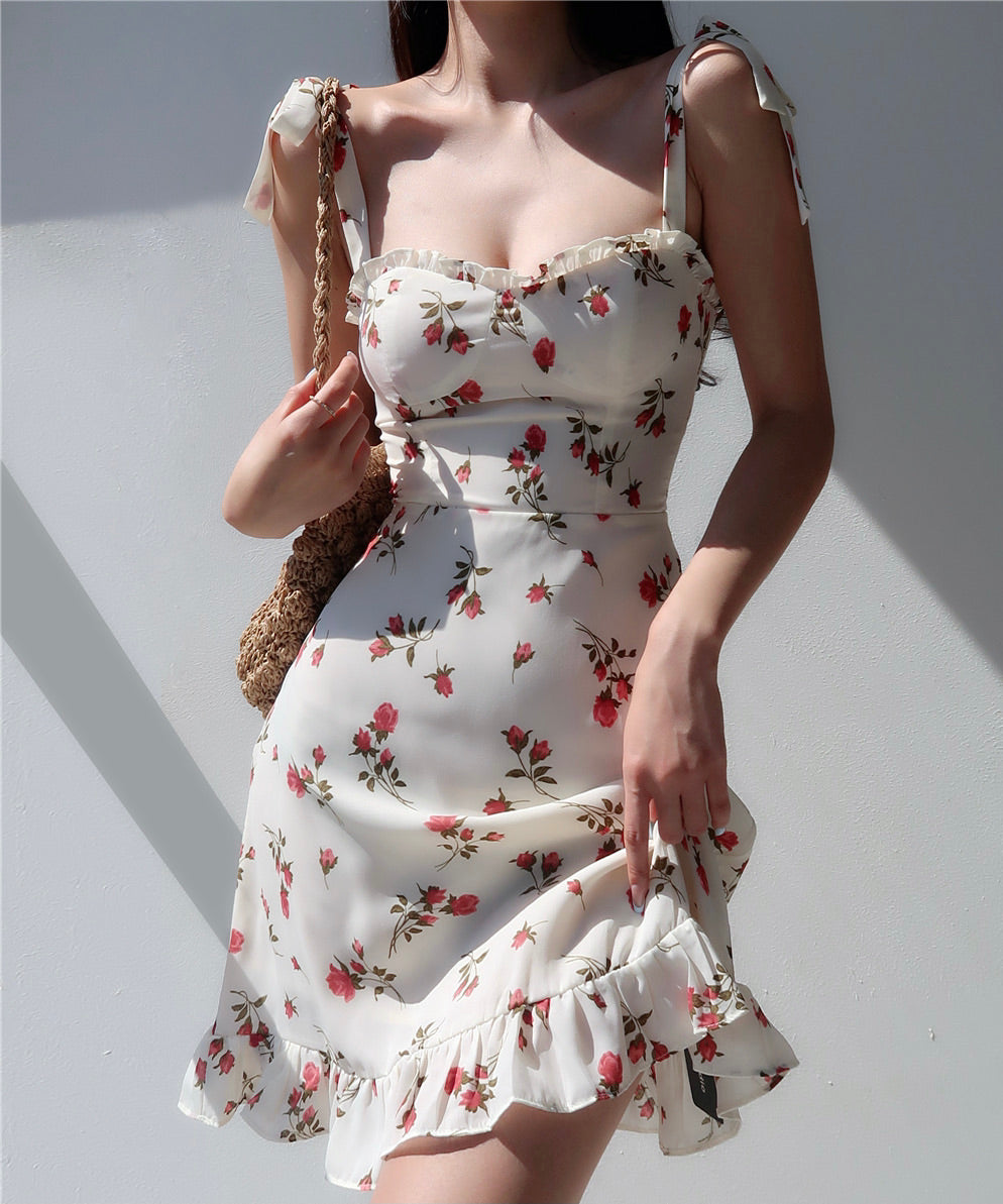 Poppy Floral Tie Strap Mini Dress in White