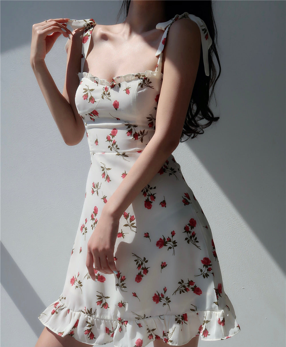 Poppy Floral Tie Strap Mini Dress in White