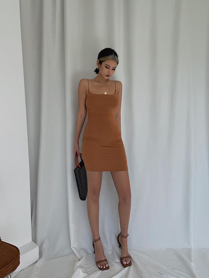 Duo Layer Cami Bodycon Dress - Brown
