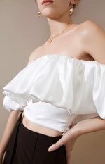 Load image into Gallery viewer, Brodie Off Shoulder Scrunchie Top - Cloud
