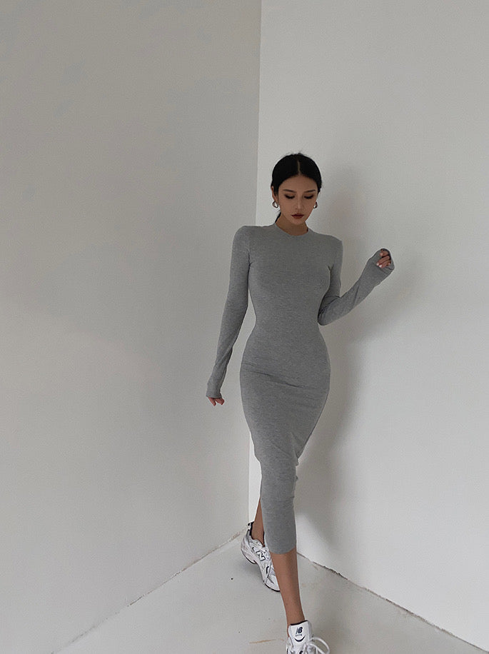 tight dress maxi GLL culture Round Neck Long Sleeve White Tight Dress