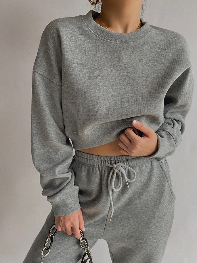 Pique Cropped Sweater - Light Grey
