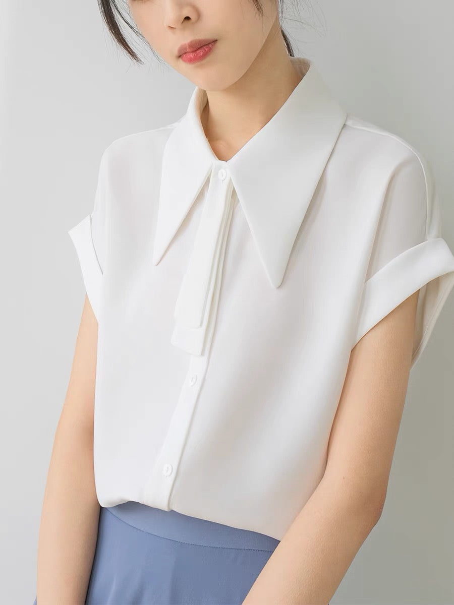 Pointed Collar Short Sleeve Blouse in White