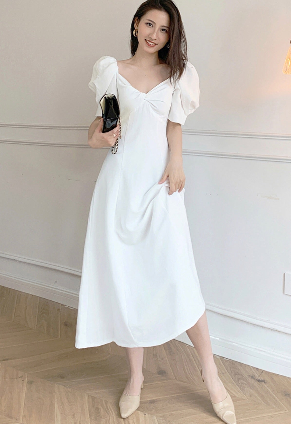 Starry Puff Sleeve Dress in White
